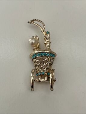 Whimsical “Honeymoon”  Carriage Brooch with Teal Crystals & Pearl Accent